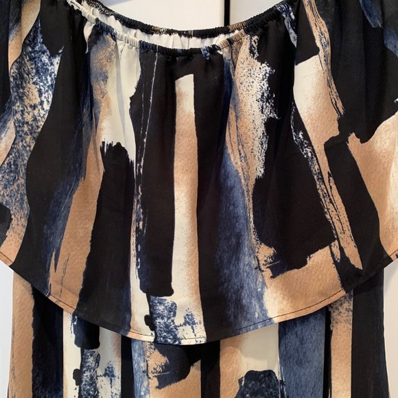 Sejour for Nordstroms off-the-shoulder blue / bronze / white boho dress (14W) - Picture 3 of 10